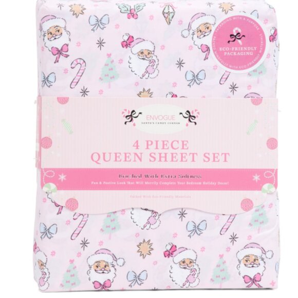 ENVOGUE Christmas Pink Coquette Santa Sheet Set Queen 4 PC New Shabby Chic - Picture 1 of 5